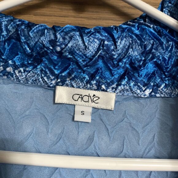 Vintage Caché Blue Crinkle Long Sleeve V-Neck Top Y2K Stretch Size S - Picture 2 of 8